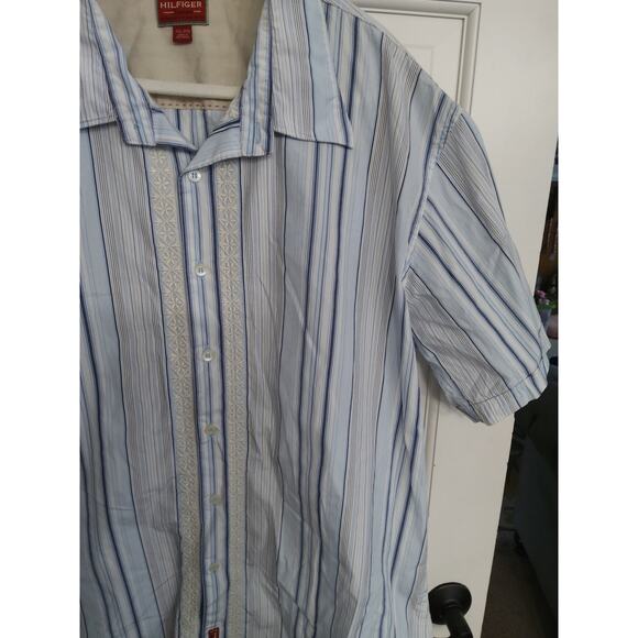 $Y2K Mens XXL Hilfiger Shirt Red Label Button up striped linen/cotton embroidery - Picture 2 of 9